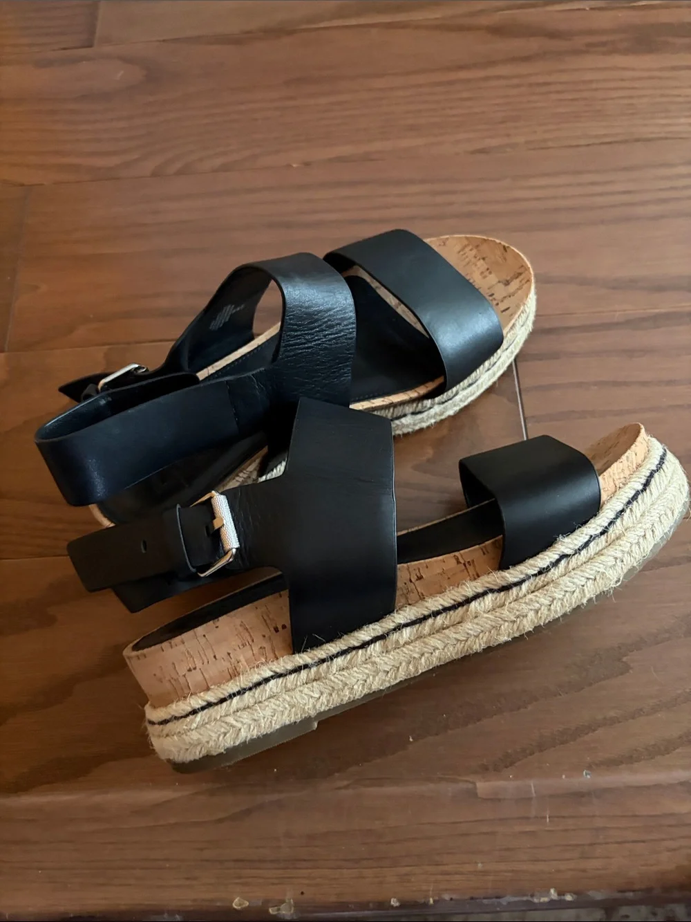 Marc Fisher Black Leather Cork Wedge Sandals